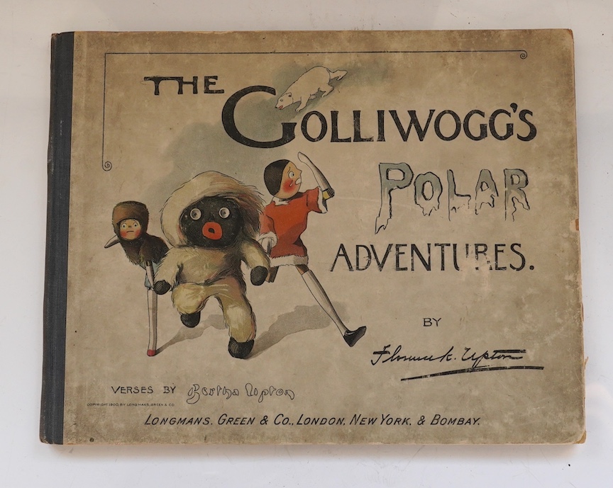 Upton, Bertha - The Golliwoggs Polar Adventures. 1st Edition. coloured pictorial title and 30 full page coloured illus. (by Florence Upton); original cloth backed pictorial boards with patterned e/ps., oblong 4to. (1900)